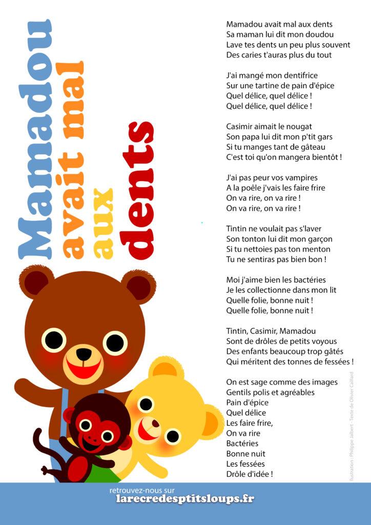 paroles de la comptine Mamadou avait mal aux dents